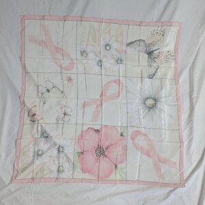 vintage silk hand rolled scarf cancer awareness pink ribbon butterfly floral 34"